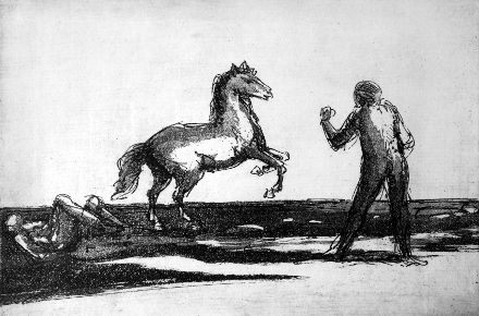 Uomo caduto da cavallo (acquatinta, 1982, cm 32,7 x 21,7)