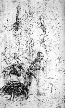 Allegoria (acquaforte, 1950, cm 14,5 x 24)