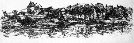 Paesaggio sul Reno (acquaforte, 1950, cm 21,5 x 8)