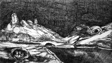 Notturno sul fiume (acquaforte, 1976, cm 21,1 x 11,9)