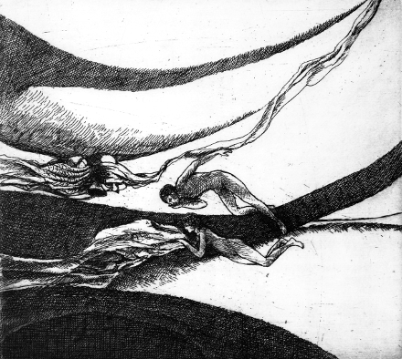 Capriccio in volo sull'onda di un sogno (acquaforte, 1976, cm 25,5 x 19)
