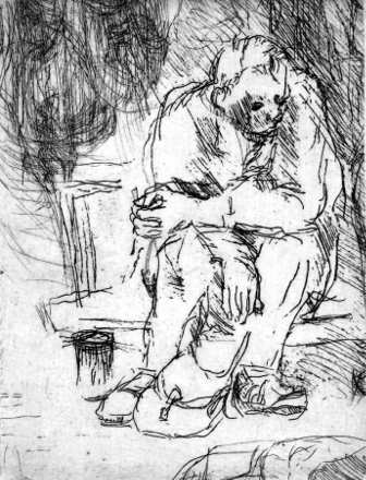 Solitudine del mendicante (acquaforte, 1950, cm 7,2 x 10,3)