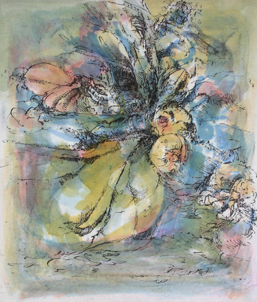 Composizione con fiori (acquaforte, 1979, cm 18,8 x 21,2)