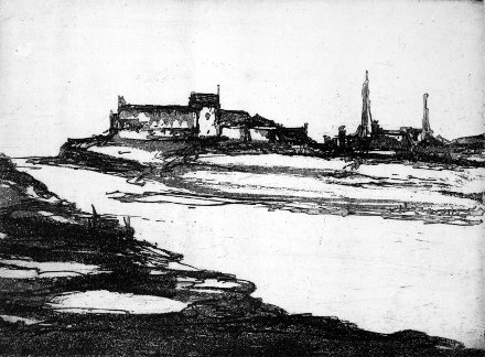 Casolari sull'argine del fiume (acquaforte, 1981, cm 10,9 x 14,6)