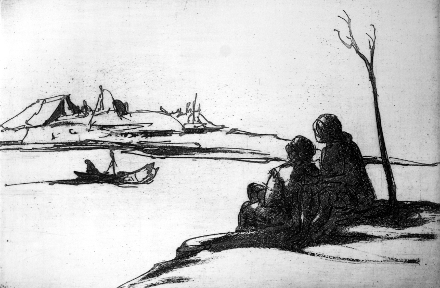 La barca sul fiume (acquaforte, 1982, cm 32,6 x 22)