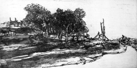 Paesaggio (acquaforte, 1982, cm 33,7 x 17)