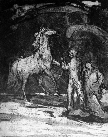Cavallo indomabile (acquatinta, 1982, cm 18,8 x 24,3)