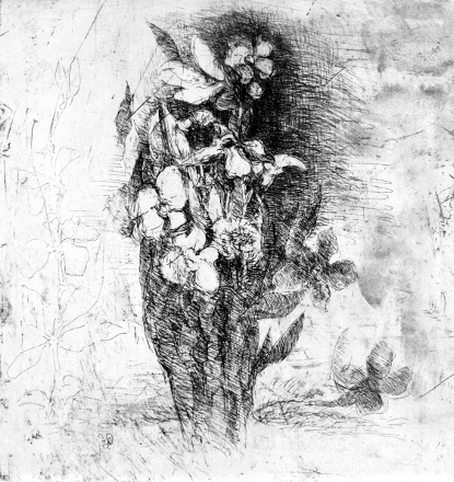 Fiori in piedi (acquaforte, 1952, cm 18,8 x 19,7)