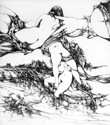 Composizione allegorica (acquaforte, 1968, cm 26,2 x 30)