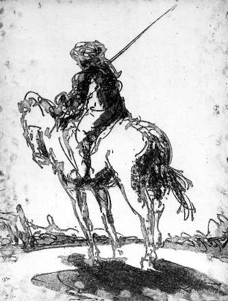 Uomo a cavallo (acquatinta, 1979, cm 14,3 x 18,9)
